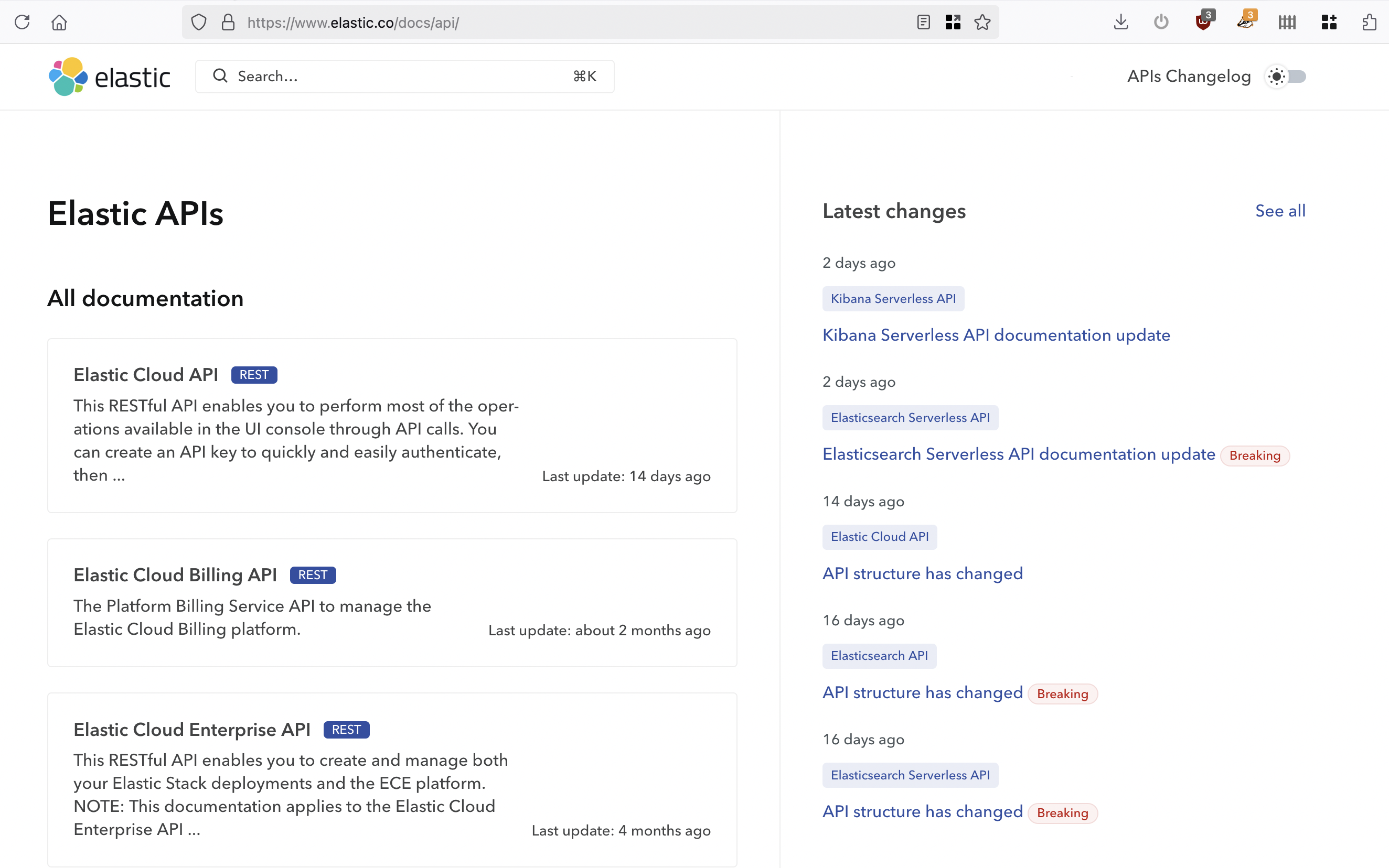 A list of APIs, descriptions, and last updated times, for a sample Hub on Bump.sh